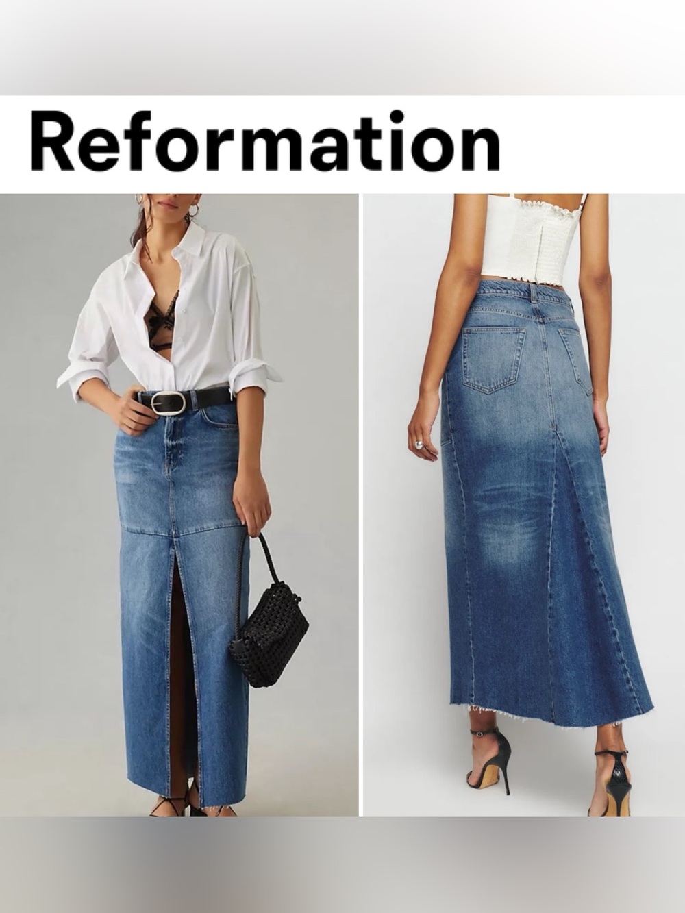 Reformation Skirt Tazz Denim Maxi Center Slit Front Sz 27 Washed Raw Hem Wester